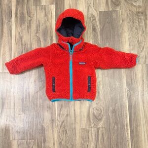 Patagonia Kids Red Hooded Puffer Jacket with Blue Trim